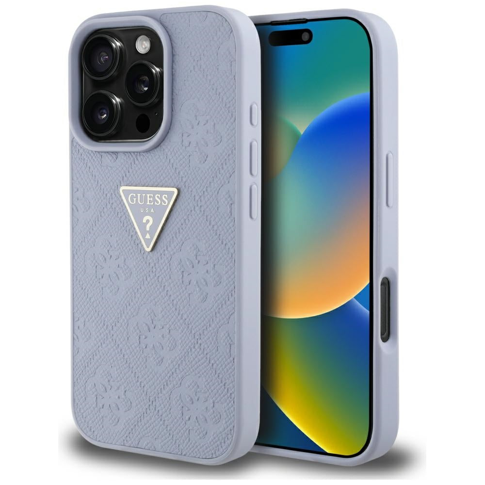 Husa Guess Hardcase PU Grained Hot Stamp 4G Triangle Metal pentru iPhone 16 Pro Max 6,9" Mov