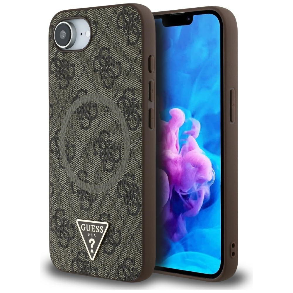 Husa Guess HC Magsafe PU 4G Ring Triangle Logo pentru iPhone 16e Maro