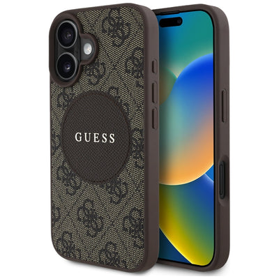 Husa Guess HC Magsafe PU 4G Circle cu Classic Logo pentru iPhone 16 Maro