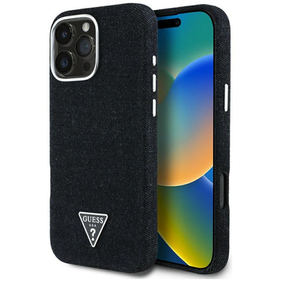 Husa Guess HC Magsafe FW Denim Triangle Logo pentru iPhone 16 Pro Negru