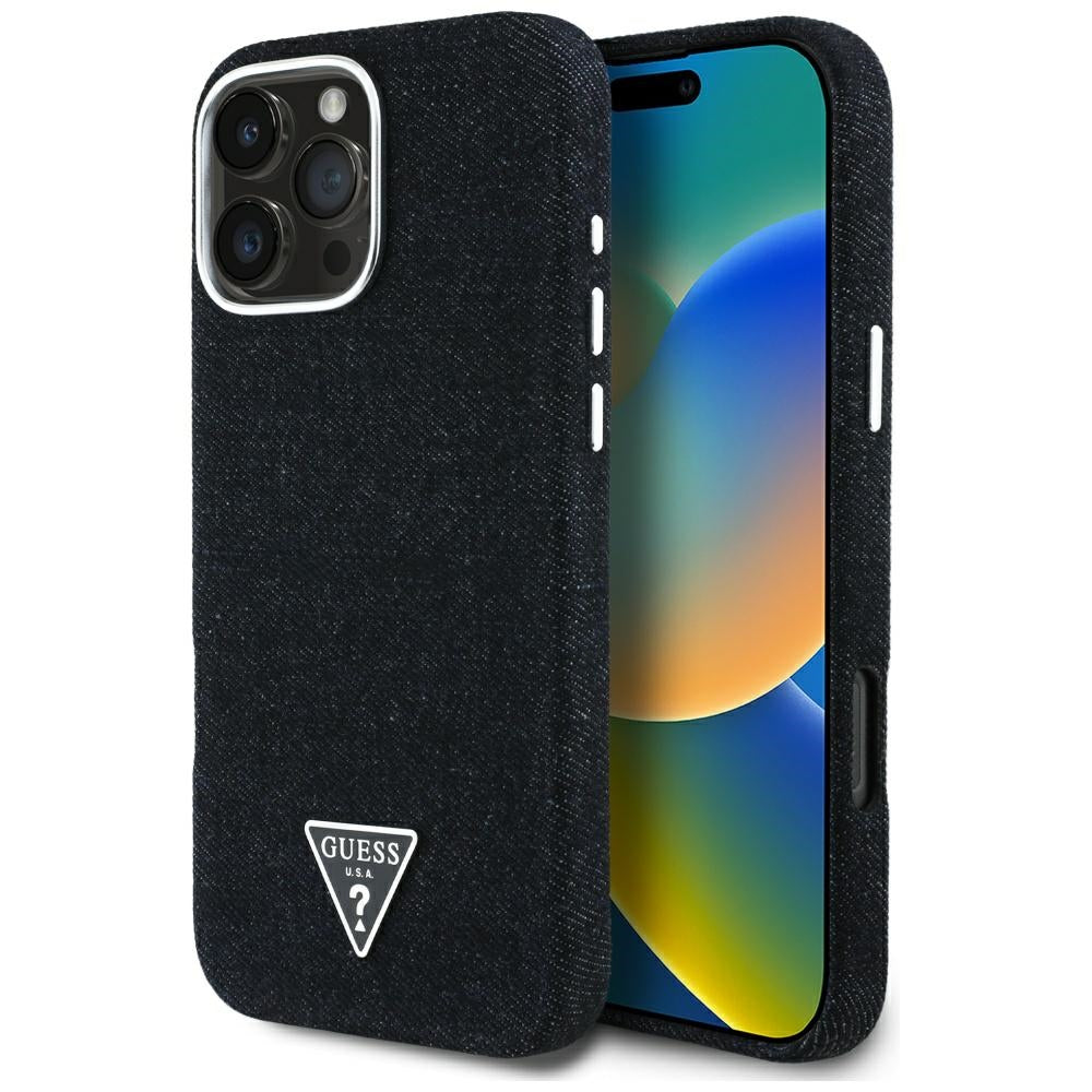 Husa Guess HC Magsafe FW Denim Triangle Logo pentru iPhone 16 Pro Max Negru