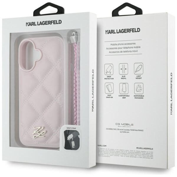 Husă pentru iPhone 16 Karl Lagerfeld HC Quilted PU Initial Logo & Chain Strap Pink – Roz