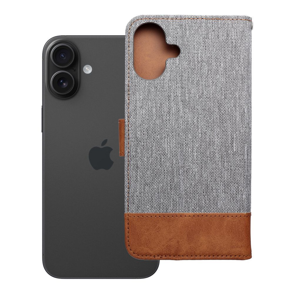 Husa Jeans Book Flip pentru iPhone 16 Plus Gri