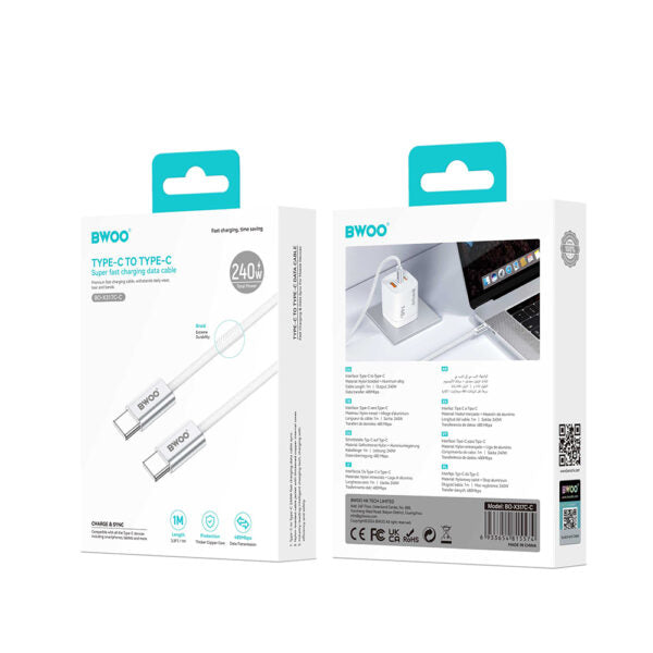 BWOO 240W braided cablu USB-C - USB-C BO-X317C-C 1m Alb