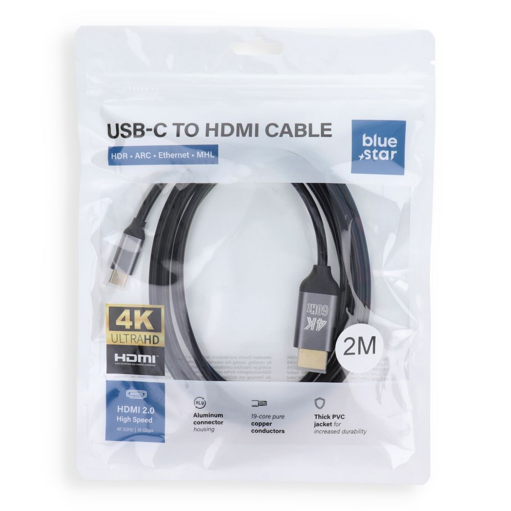 Cablu Albastru Star USB C To Hdmi 4K 60Hz - High Speed, HDR, ARC, Ethernet, AWM, 2m Negru