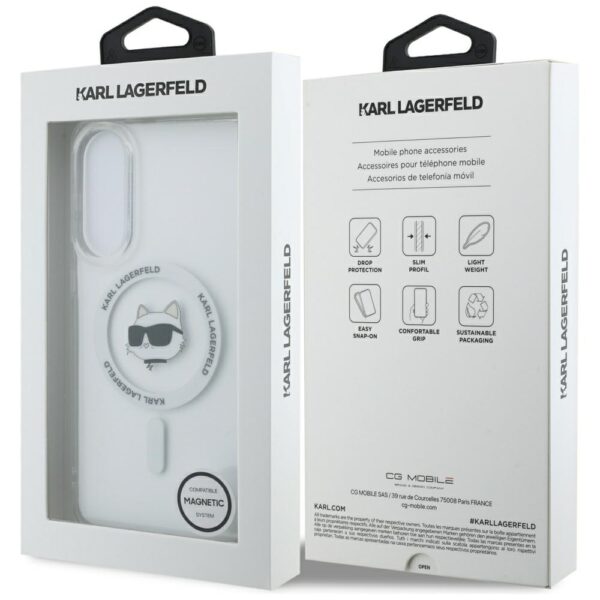 Husă pentru Samsung Galaxy S25 Karl Lagerfeld Edge HC MAGSAFE IML METAL CHOUPETTE HEAD white – Alb