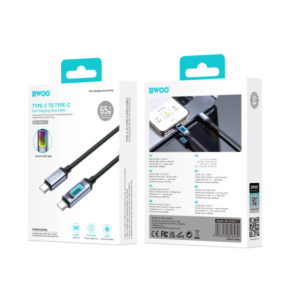 BWOO X324CC braided fast charging cablu with light display PD 65W USB-C - USB-C
