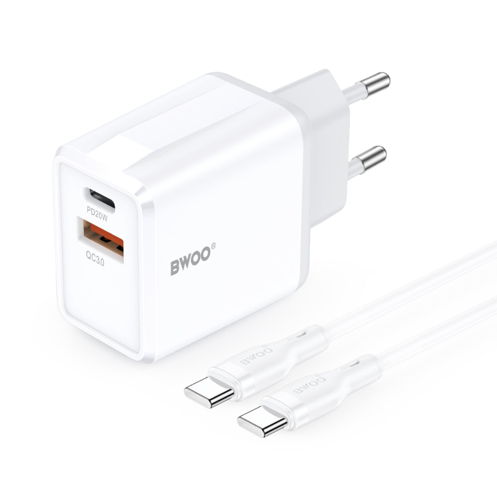 Cablu BWOO Incarcator priza Cda182 QC 38W 1x Usb-a + 1x Usb-c cu Usb-c 1 M Alb