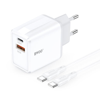 Cablu BWOO Incarcator priza Cda182 QC 38W 1x Usb-a + 1x Usb-c cu Usb-c 1 M Alb