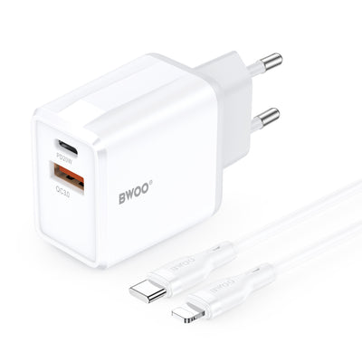Cablu BWOO Incarcator priza Cda182 QC 38W 1x Usb-a + 1x Usb-c cu Usb-c C-lightning 1 M Negru