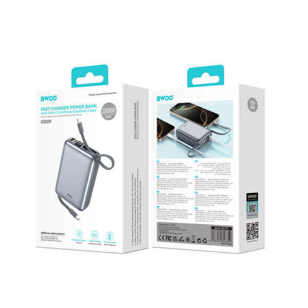 Power bank BWOO P73 22.5W 20000 mAh cu 2 cabluri integrate: 1 x USB‑C și 1 x Lightning, negru.