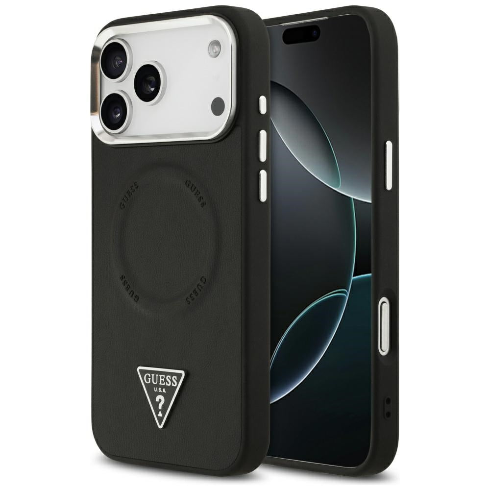 Husa Guess Magsafe PU Leather cu Triangle Logo Argintiu Metal Camera Frame pentru iPhone 17 Pro Max Negru