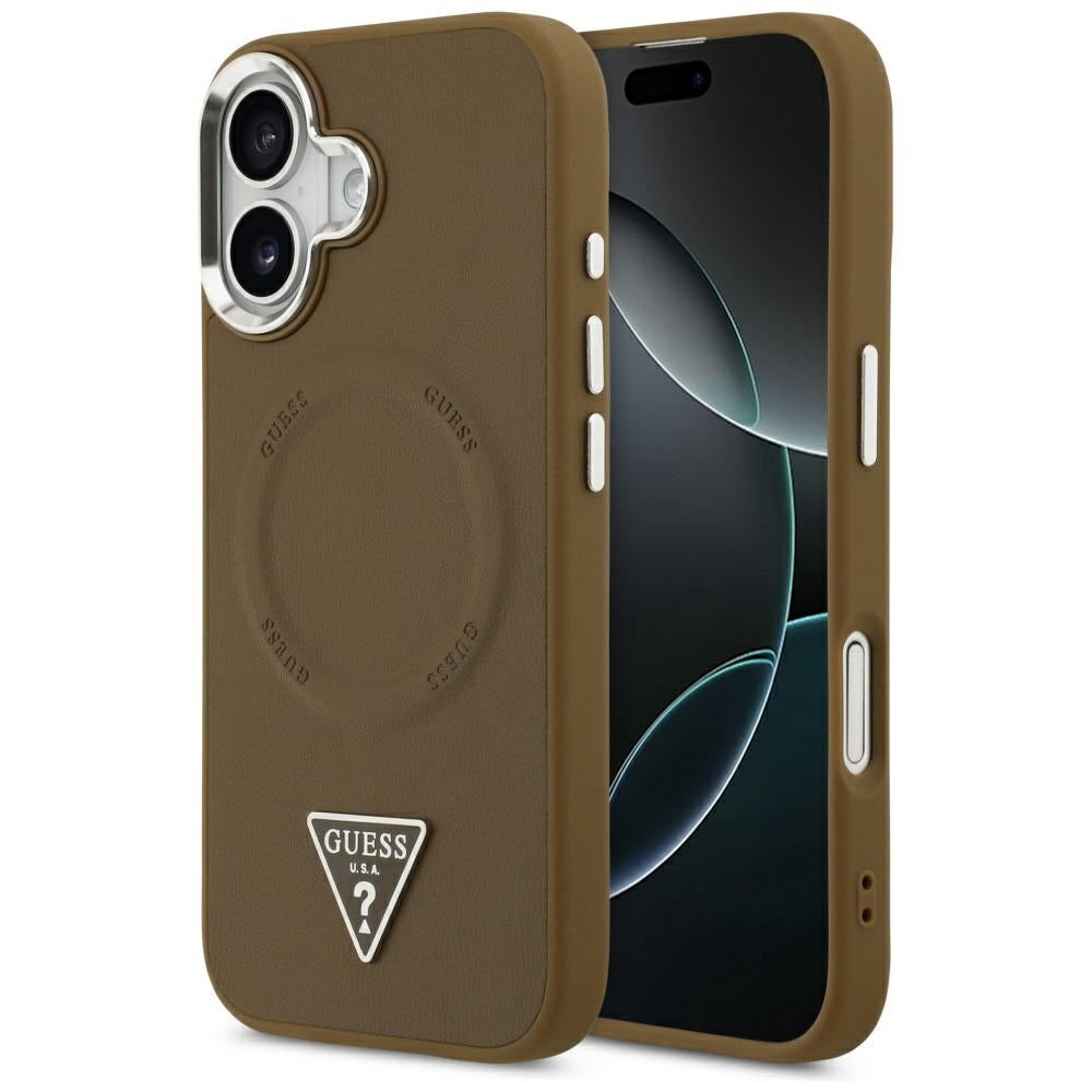 Husa Guess Magsafe PU Leather cu Triangle Logo Argintiu Metal Camera Frame pentru iPhone 17 Maro