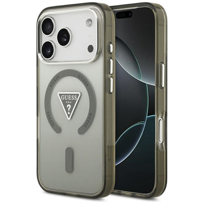 Husa Guess Magsafe IML Gradient cu Print Triangle Logo & Argintiu Metal Camera Buttons pentru iPhone 17 Pro Max Khaki
