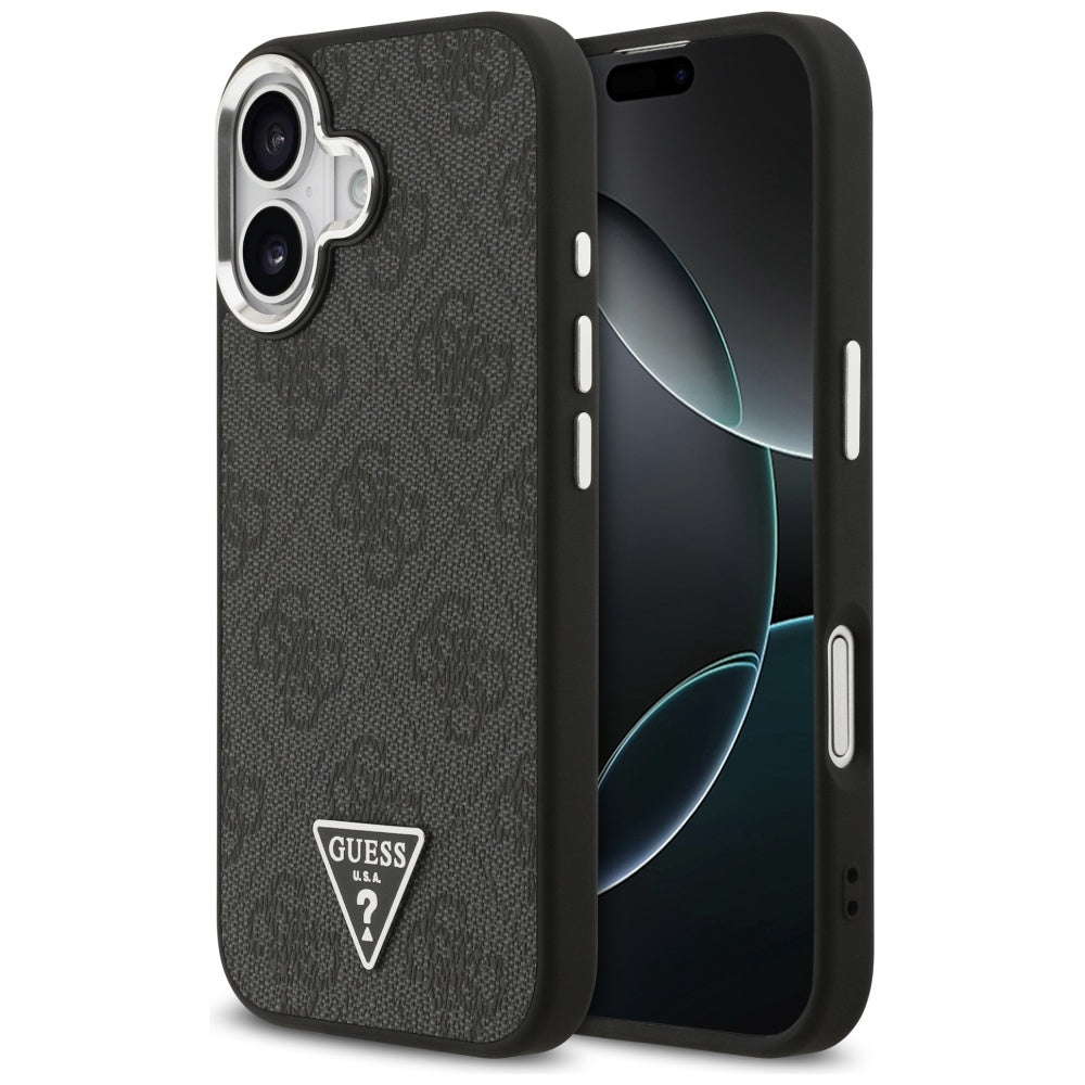 Husa Guess Magsafe 4G PU Leather Husa cu Triangle Logo And Argintiu Metal Camera Frame pentru iPhone 17 Negru