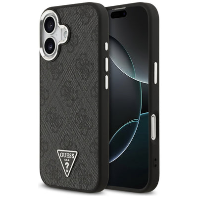 Husa Guess Magsafe 4G PU Leather Husa cu Triangle Logo And Argintiu Metal Camera Frame pentru iPhone 17 Negru
