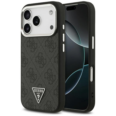 Husa Guess Magsafe 4G PU Leather cu Triangle Logo And Argintiu Metal Camera Frame pentru iPhone 17 Pro Negru