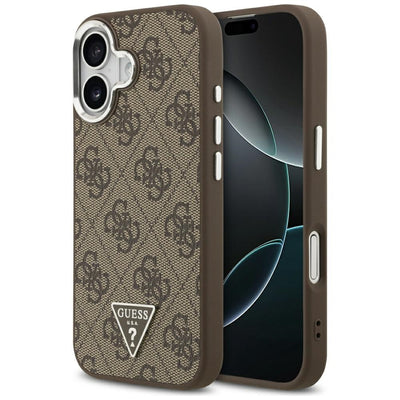 Husa Guess Magsafe 4G PU Leather cu Triangle Logo And Argintiu Metal Camera Frame pentru iPhone 17 Maro