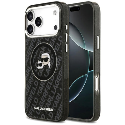 Husa Karl Lagerfeld Magsafe IML Glitter Metal Camera Frame And Buttons Karl And Choupette Heads On KL Repeated Logo pent