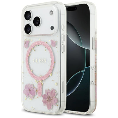 Husa Guess Resin Flowers Glitter Magsafe pentru iPhone 17 Pro Roz