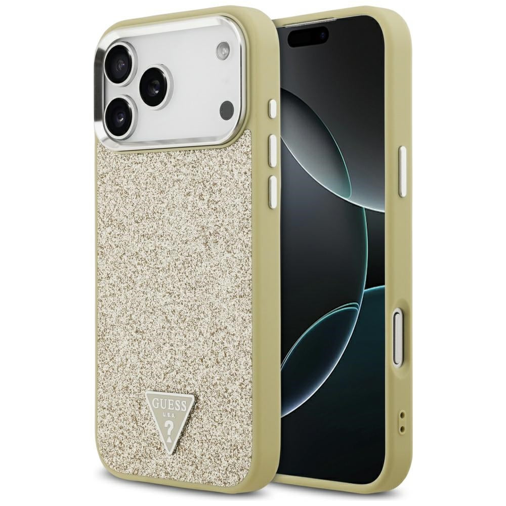Husa Guess Glitter Triangle Logo Magsafe pentru iPhone 17 Pro Max Auriu