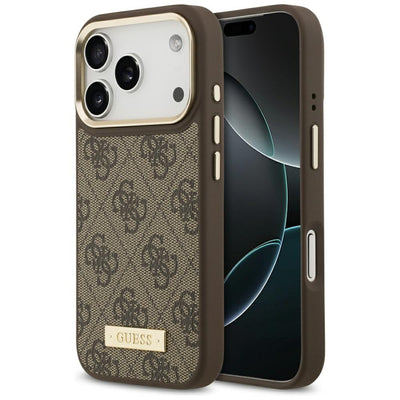 Husa Guess 4G Logo Plate Magsafe pentru iPhone 17 Pro Maro