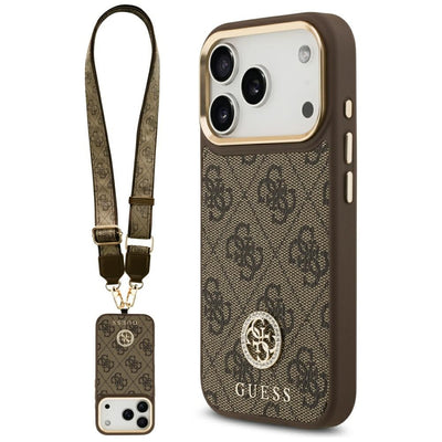 Husa Guess 4G Strass Logo & Big Curea Metal Buttons Magsafe pentru iPhone 17 Pro Maro