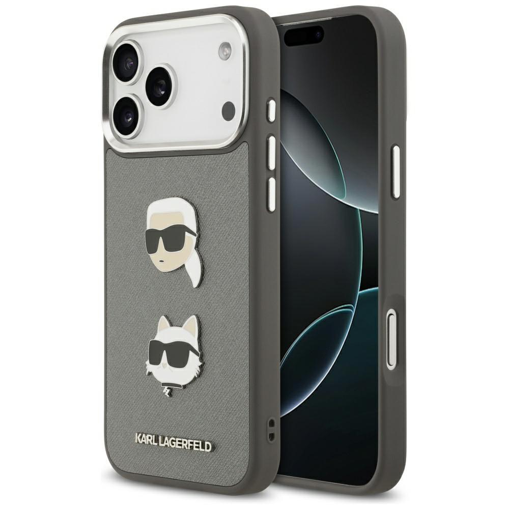 Husa Karl Lagerfeld FW Grained Karl & Choupette Heads Pins & Logo pentru iPhone 17 Pro Max Gri