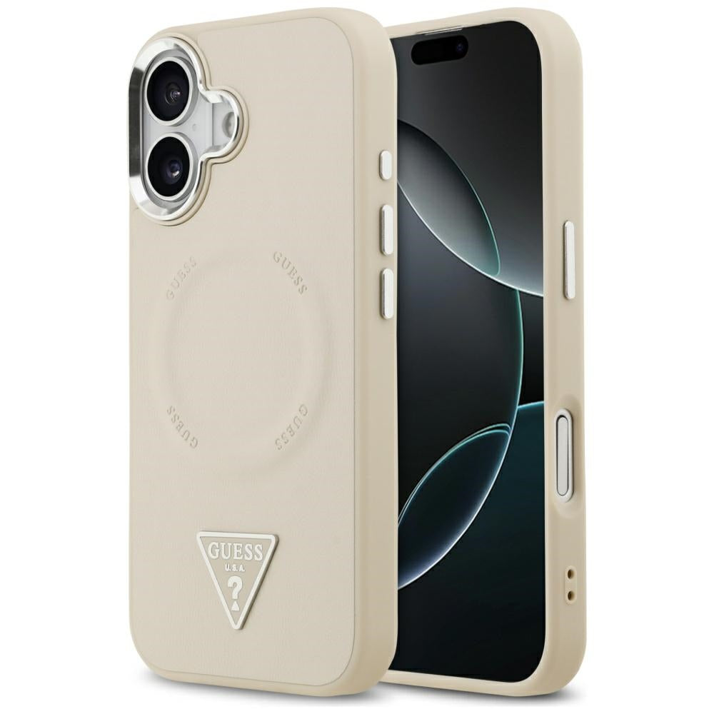 Husa Guess Magsafe piele sintetica cu Triangle Logo Argintiu Metal Camera Frame pentru iPhone 17 Bej