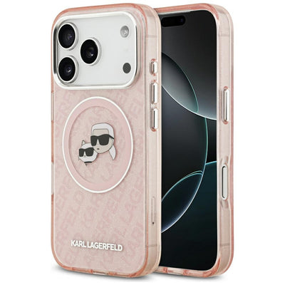 Husa Karl Lagerfeld Magsafe IML Glitter Husa Metal Camera Frame And Buttons Karl And Choupette Heads On KL Repeated Logo