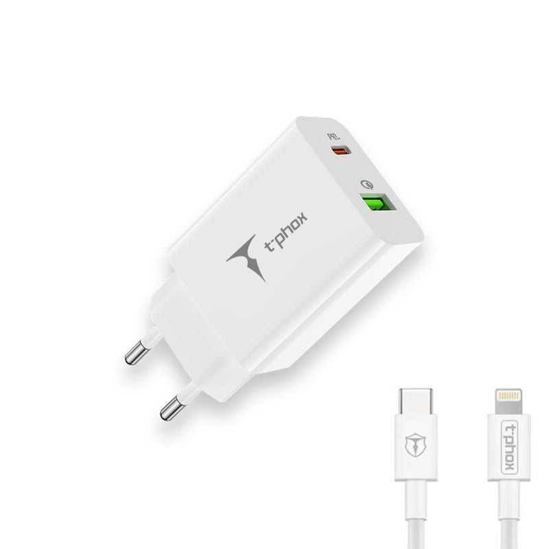 Cablu Incarcator priza T-phox Speedy Usb-c 20w/USB 18w Pd Qc + Lightning 1m Alb
