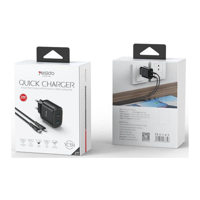 Cablu Yesido Incarcator priza Yc54 PD 20W QC 2xUSB-C + Type-c/Lightning 27W 1M Negru