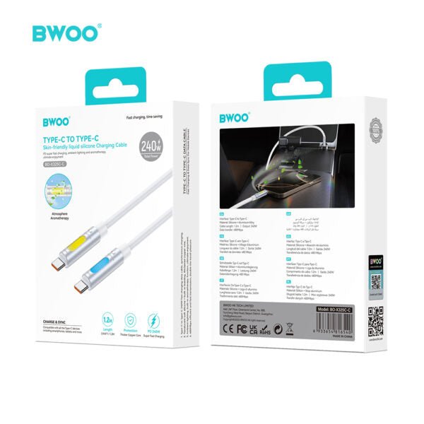 BWOO 240W Super Fast Charging Data cablu With RGB Light Alb X325C-C