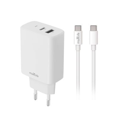 Cablu Maxlife Mxtc-10-30ac PD QC Incarcator 1x Usb-c 1x USB 30W Alb + Usb-c - Usb-c 60W