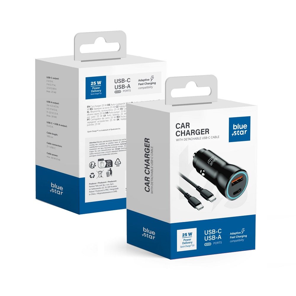 Cablu Albastru Star Incarcator auto USB C + USB A Qc3.0 PD AFC PPS 3A 25W + USB C To USB C Negru