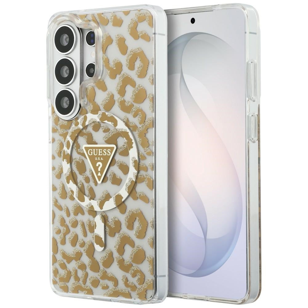Husa Guess IML Leopard Print Triangle Magsafe pentru Samsung Galaxy S26 Ultra Maro