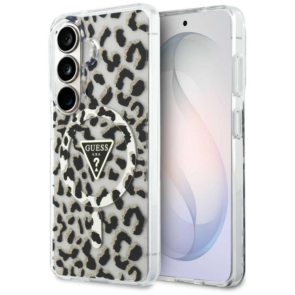 Husa Guess IML Leopard Print Triangle Magsafe pentru Samsung Galaxy S26 Negru
