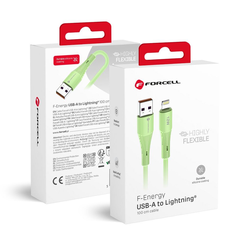 Cablu Forcell USB A To Lightning F-energy 2,4A 12W Silicone 1 M C343 Verde