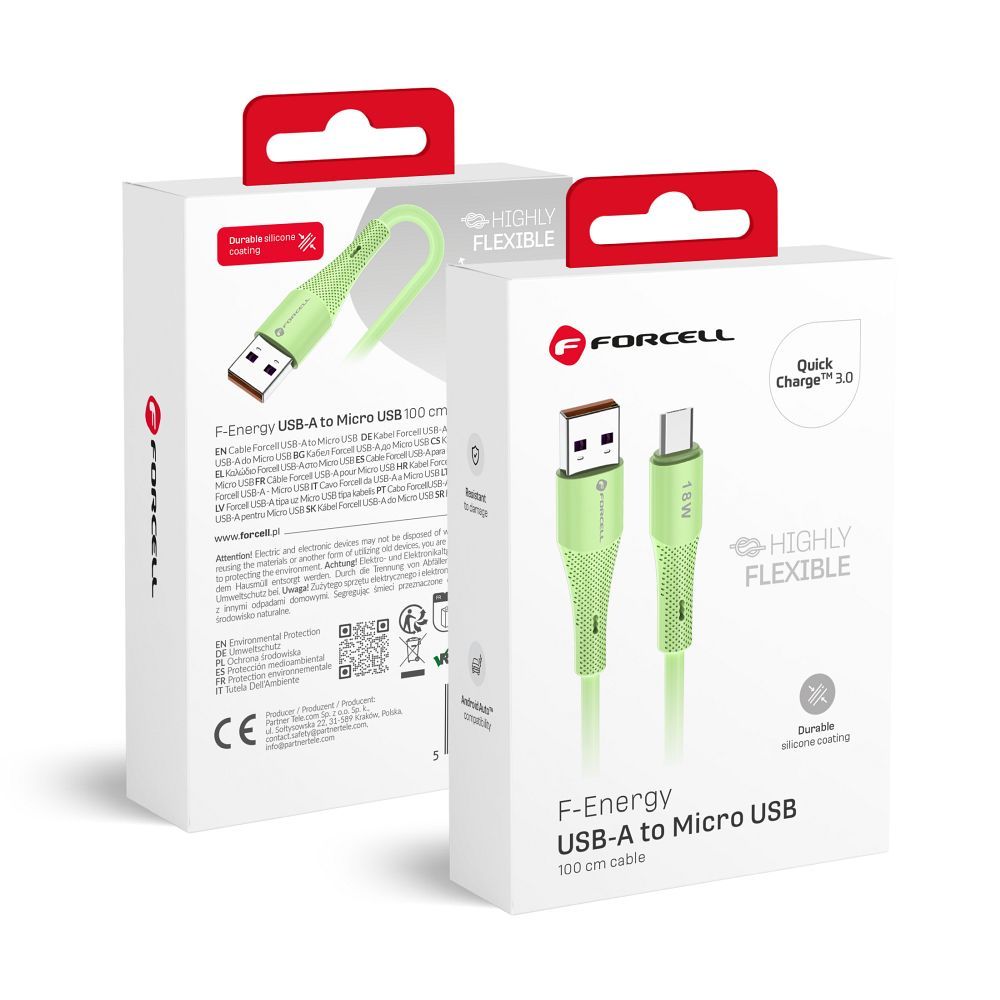 Cablu Forcell USB A To Micro USB F-energy Qc3.0 2,4A 18W Silicone 1 M C341 Verde