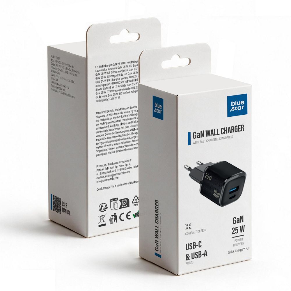 Incarcator Albastru Star Phone Nano Gan USB C + USB A Qc4.0 PD 3A 25W Negru