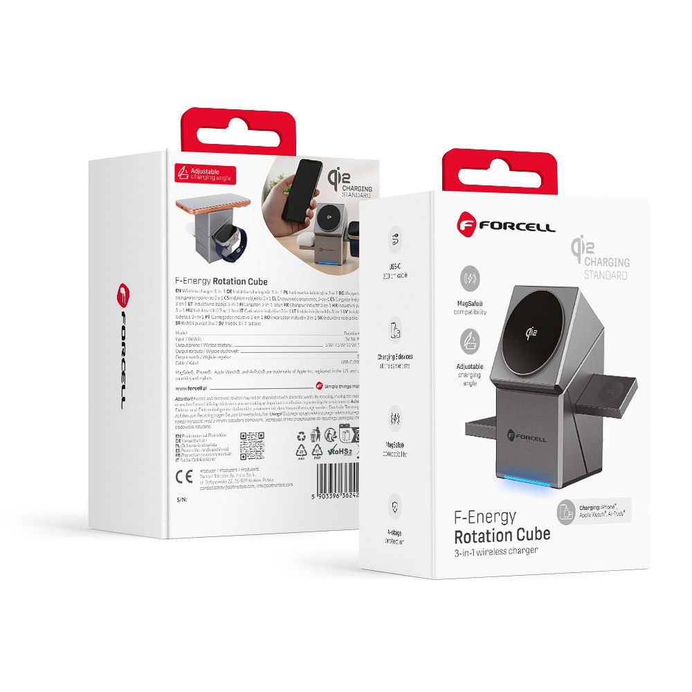 Incarcator wireless Forcell F-energy 3in1 Rotation Cube Qi2 Compatible cu Magsafe (F-06) Argintiu