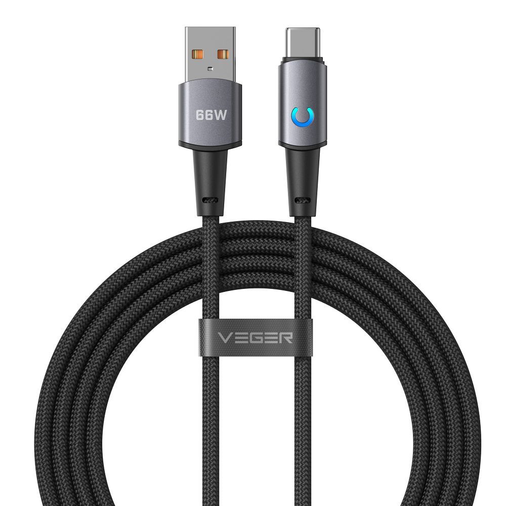 Cablu Veger cu LED Indicator deschis USB A To Type C PD 3A 66W 1,2 M Negru