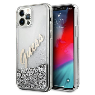 Husa Guess iPhone 12 Pro Max 6.7" Argintiu/Argintiu Hardcase Glitter Vintage Script