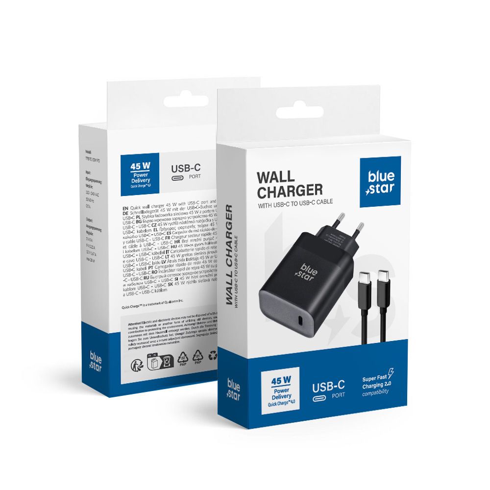Cablu Albastru Star Phone Incarcator USB C Qc4.0 PD 3A 45W + USB C To USB C Negru