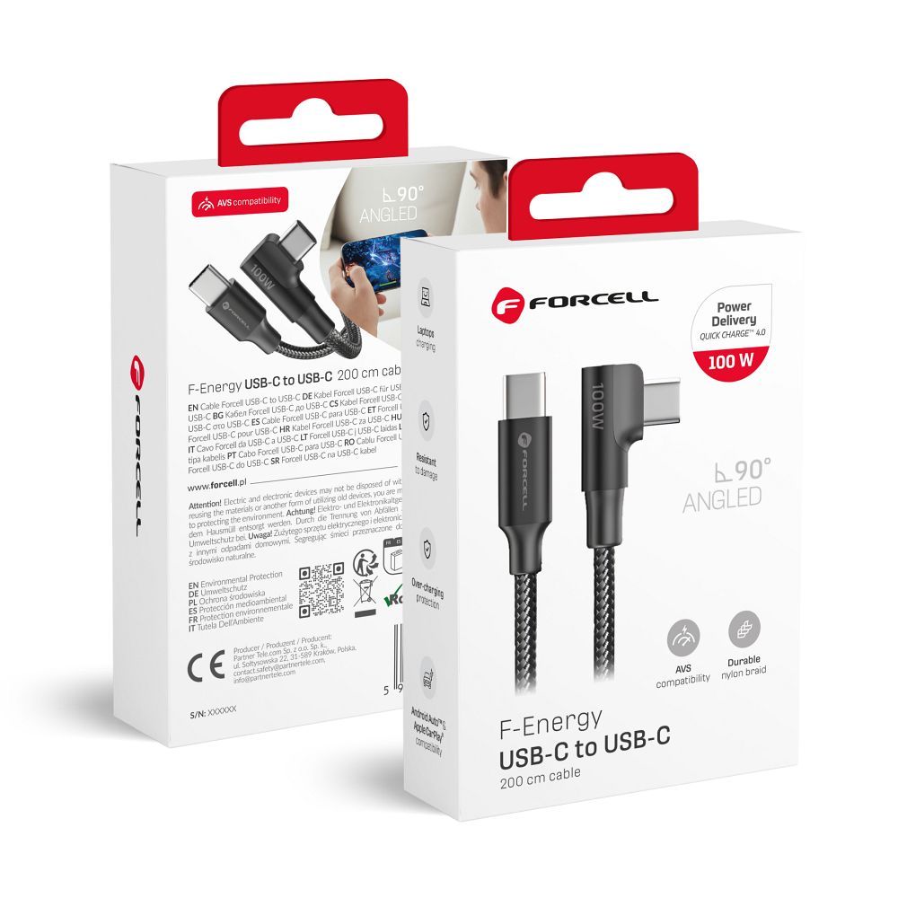 Cablu Forcell USB C To USB C F-energy Qc4.0 PD 5A 100W Cafule 90° 2 M Negru