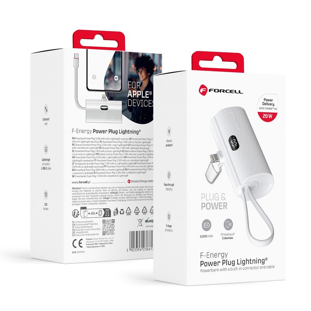 Acumulator extern Forcell F-energy Power Plug F5k3 PD 20W 5000 Mah cu Built-in Connector Lightning Alb