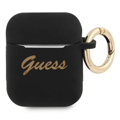 Husa Guess AirPods Cover Negru/Negru Silicone Vintage Script