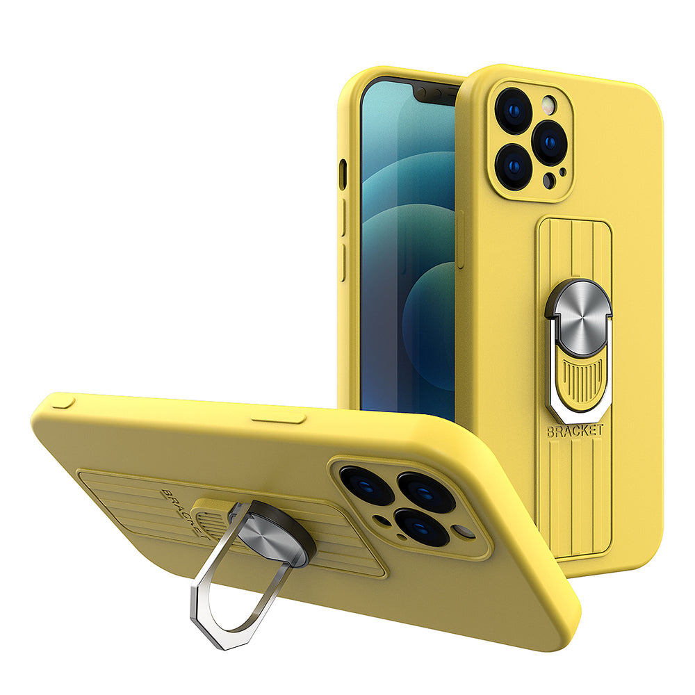 Husa Ring Silicone cu Finger Grip And Stand pentru iPhone 12 Pro Max Galben