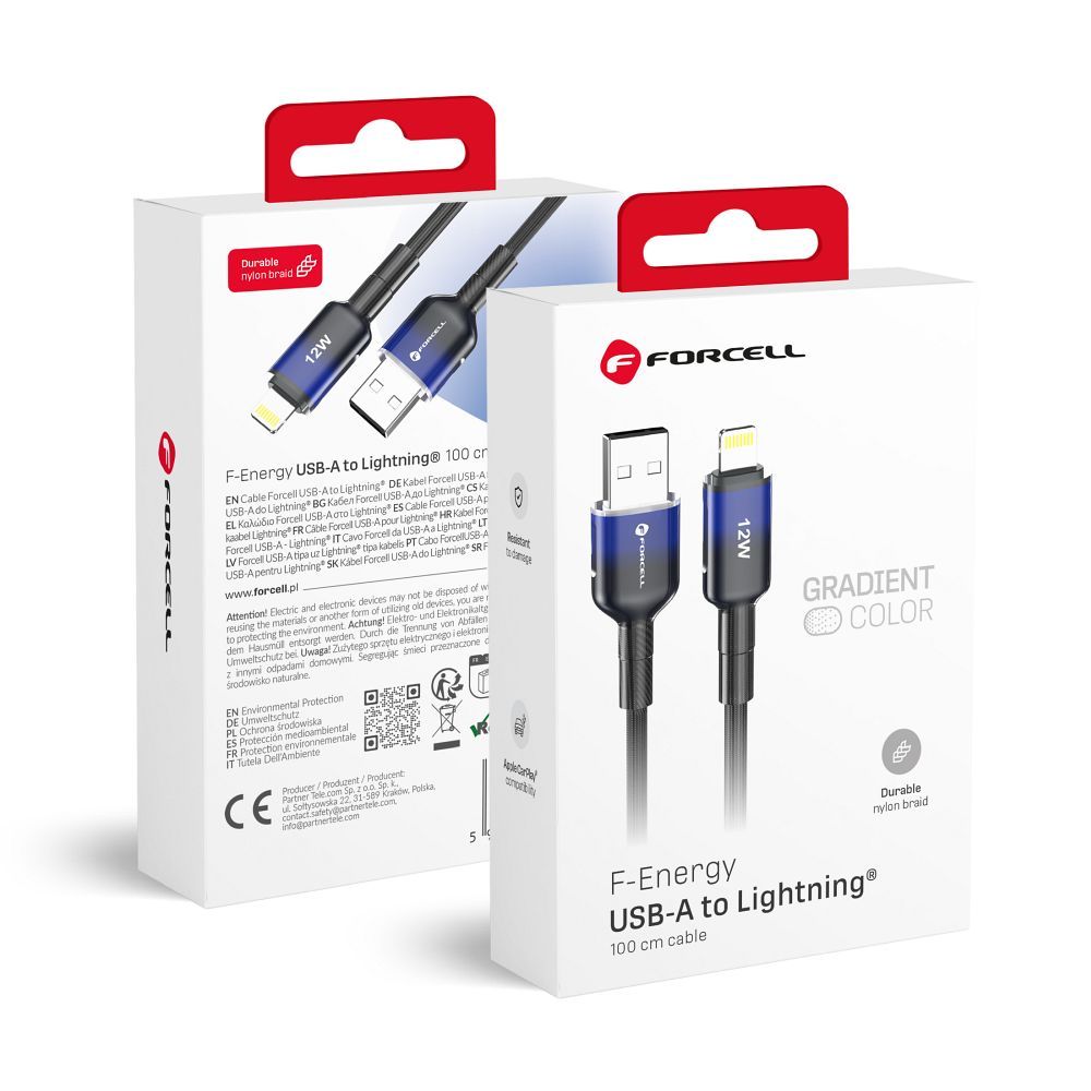 Cablu Forcell USB A To Lightning F-energy 2,4A 12W Gradient 1 M C353 Negru
