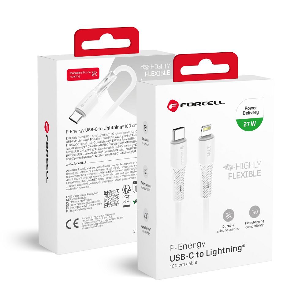 Cablu Forcell USB C To Lightning F-energy PD 3A 27W Silicone 1 M C346 Alb
